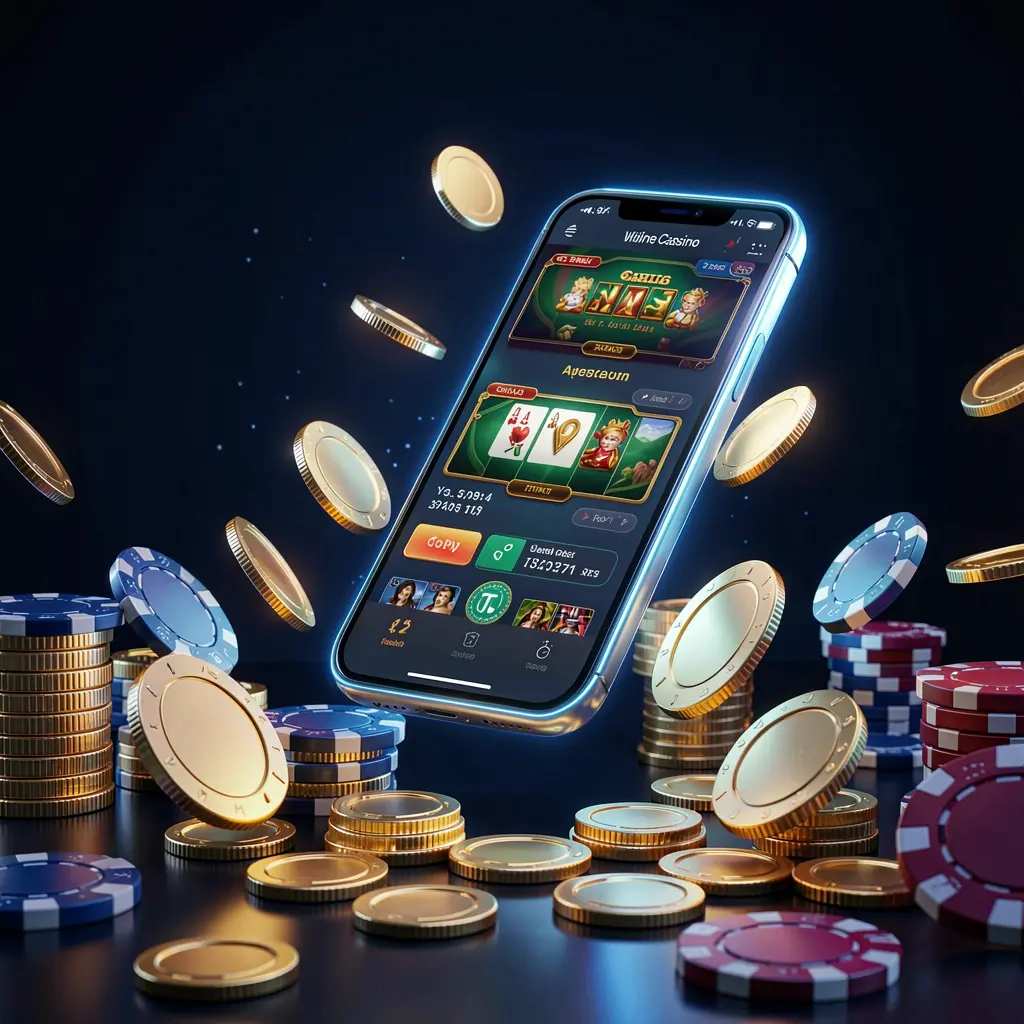 K7 BTD online casino app promotion banner featuring a phone floating above golden coins and poker chips with a dark blue and black background and cinematic neon glow in a realistic 3D render K7 BTD online casino app promotion banner featuring a phone floating above golden coins and poker chips with a dark blue and black background and cinematic neon glow in a realistic 3D render