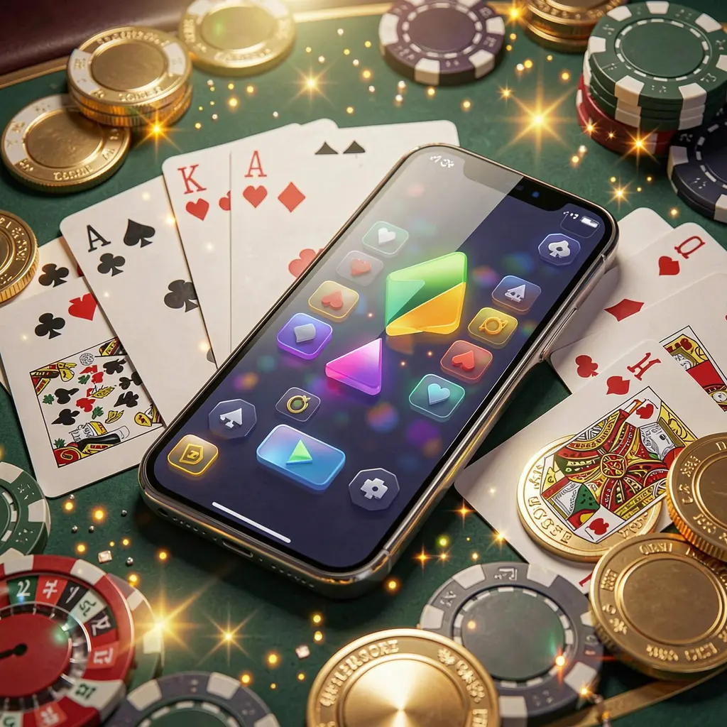 K7 BTD mobile gaming application concept showing a smartphone surrounded by playing cards, roulette chips, gold coins, and sparkling lights in a premium casino style K7 BTD mobile gaming application concept showing a smartphone surrounded by playing cards, roulette chips, gold coins, and sparkling lights in a premium casino style