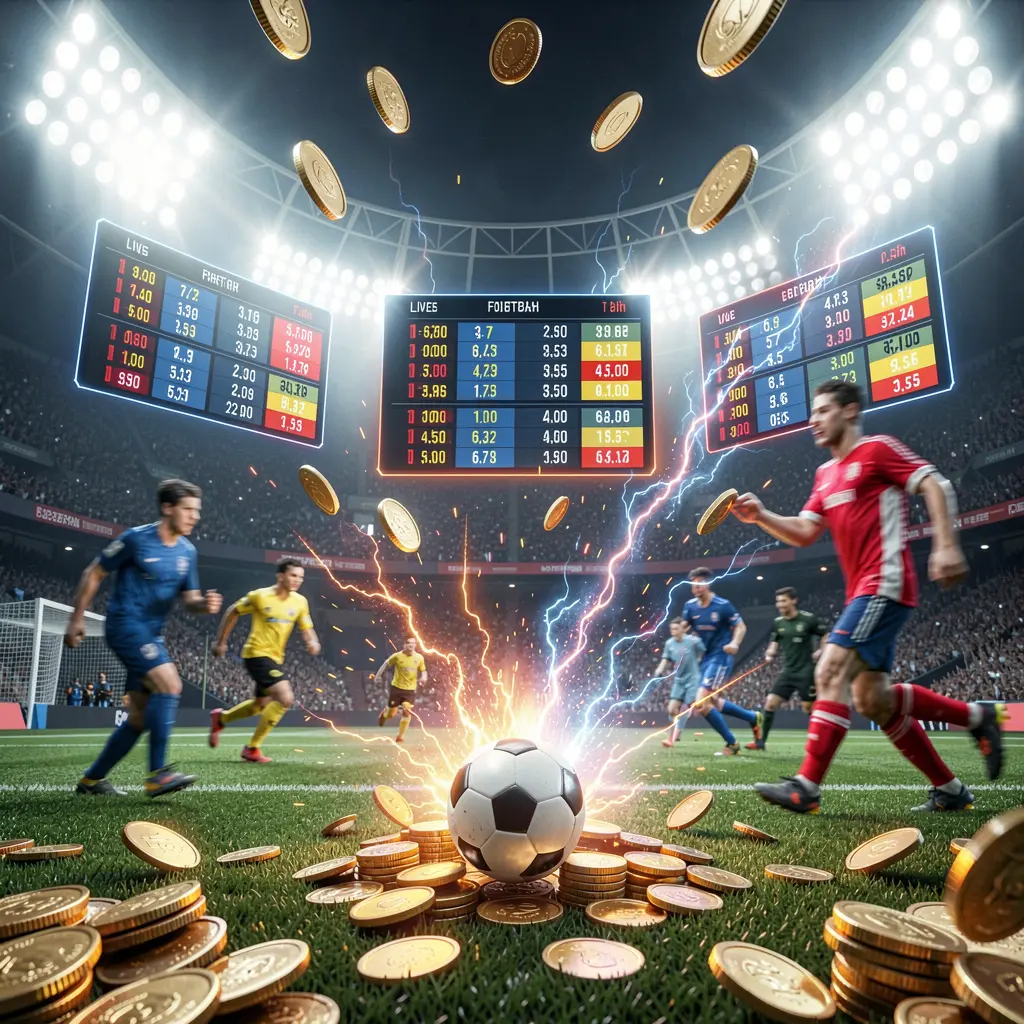 Live football betting scene at a brightly lit soccer stadium with blurred players in action, floating odds panels, coins, and dynamic energy effects, showcasing K7 BTD's premium cinematic experience Live football betting scene at a brightly lit soccer stadium with blurred players in action, floating odds panels, coins, and dynamic energy effects, showcasing K7 BTD's premium cinematic experience