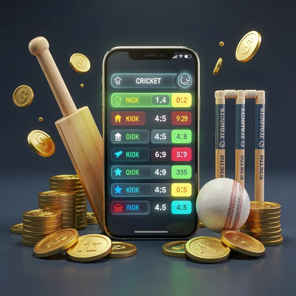 K7 BTD modern cricket betting visual featuring a smartphone displaying glowing cricket odds interface surrounded by a cricket bat, ball, wickets, and golden coins in a premium 3D illustration K7 BTD modern cricket betting visual featuring a smartphone displaying glowing cricket odds interface surrounded by a cricket bat, ball, wickets, and golden coins in a premium 3D illustration