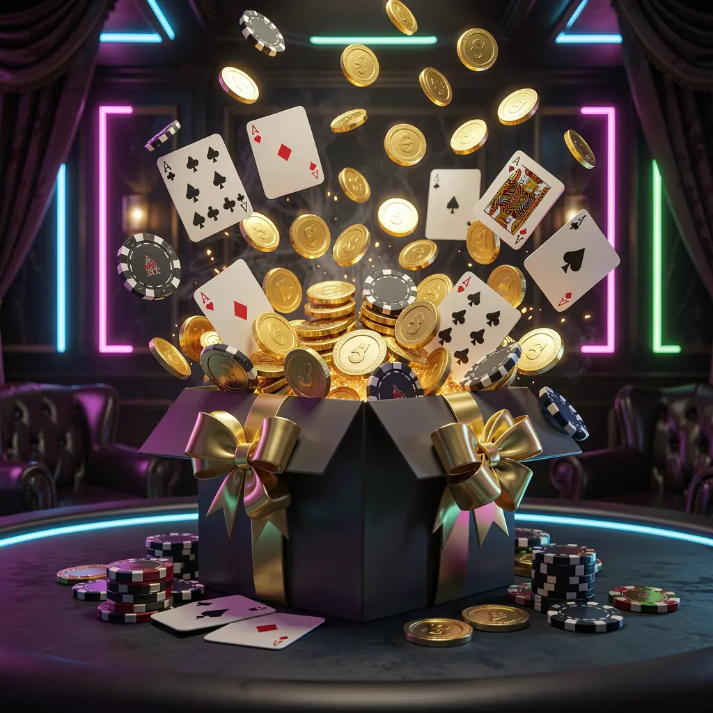 K7 BTD online casino bonus gift box exploding with golden coins, poker chips, and playing cards against a dark luxury background with glowing neon accents