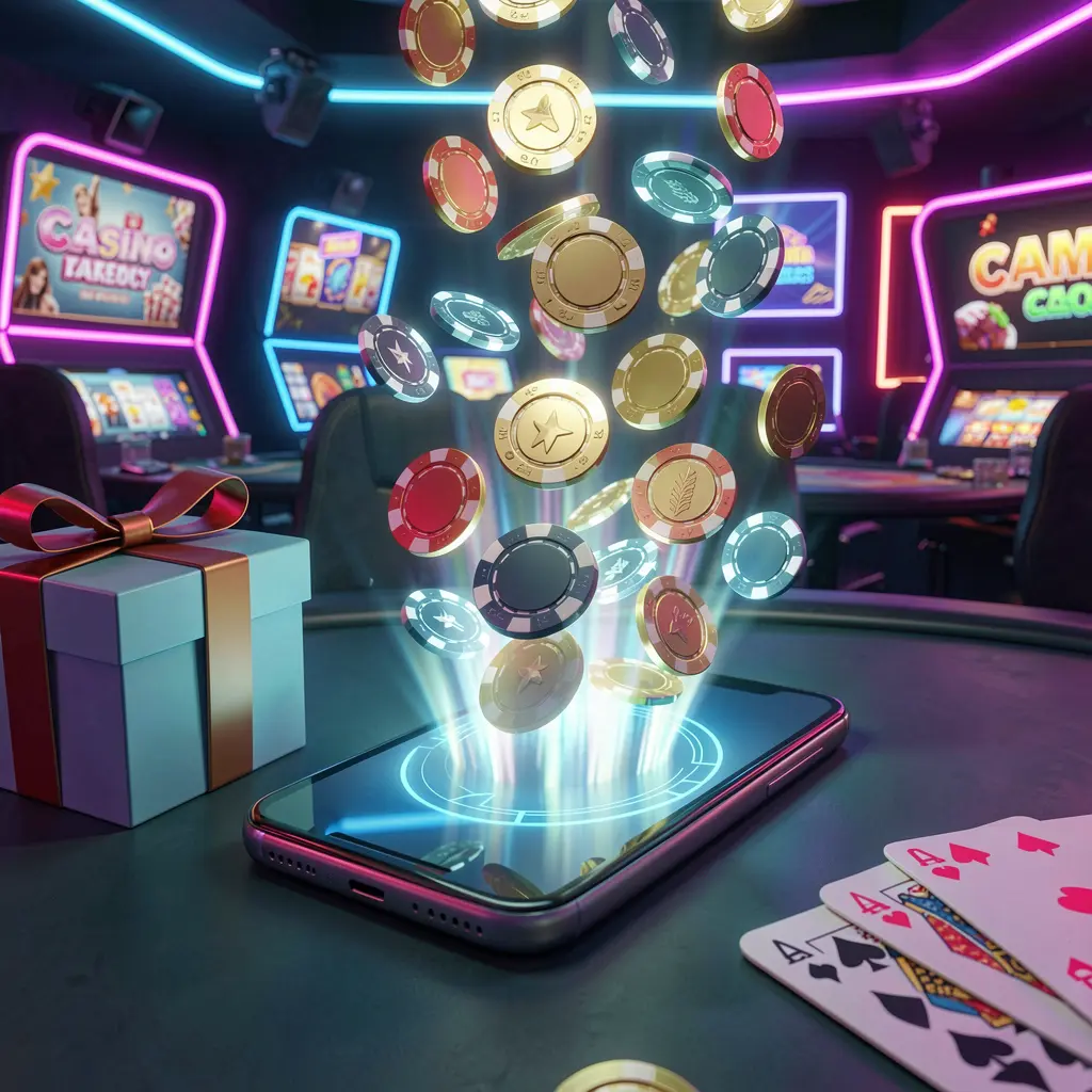 K7 BTD mobile casino bonus scene with a modern smartphone displaying glowing casino chips and coins emerging from the screen, surrounded by a gift box and playing cards in a bright neon casino atmosphere