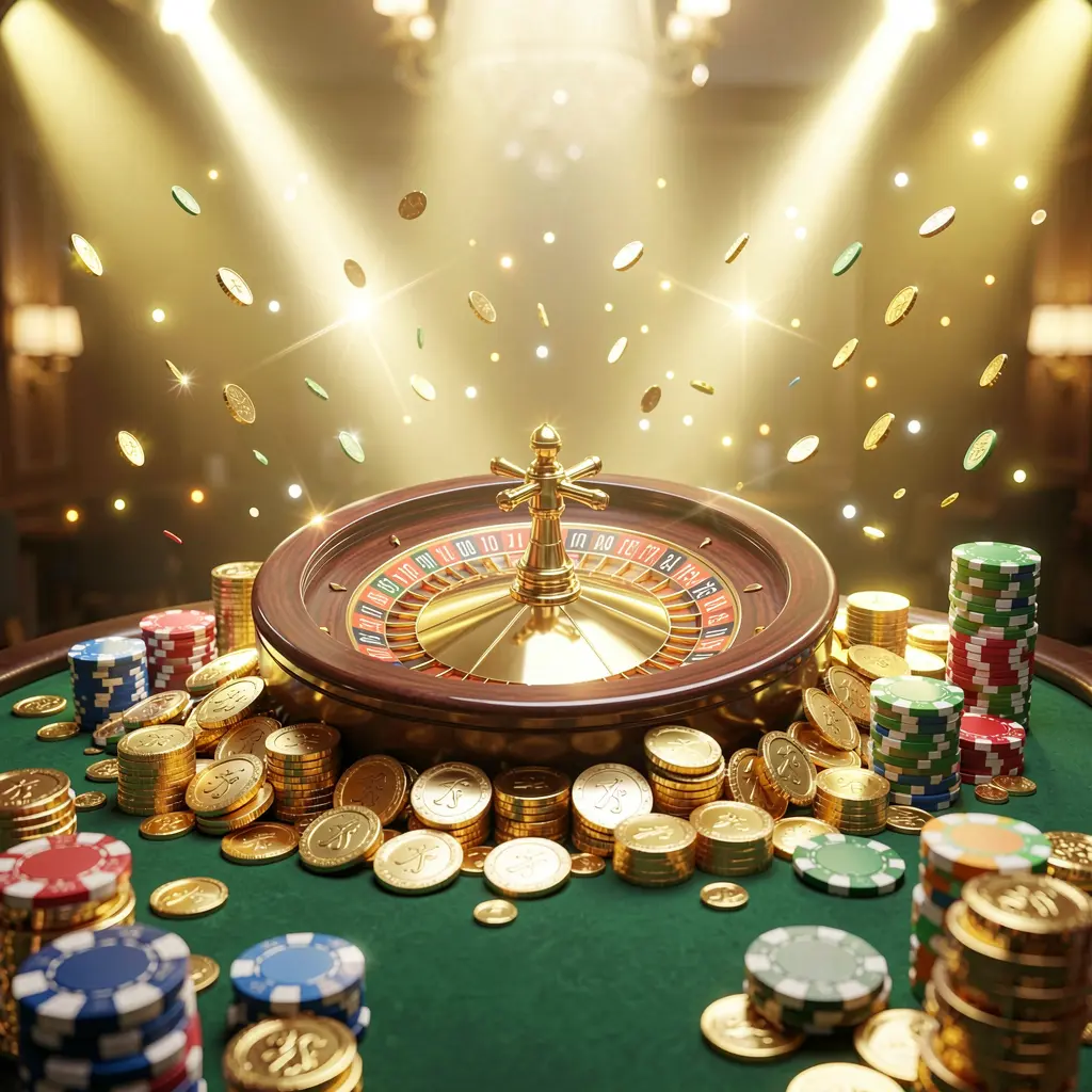 K7 BTD casino jackpot scene featuring golden coins, poker chips, and a roulette wheel illuminated by bright glowing lights in a luxury celebration atmosphere K7 BTD casino jackpot scene featuring golden coins, poker chips, and a roulette wheel illuminated by bright glowing lights in a luxury celebration atmosphere