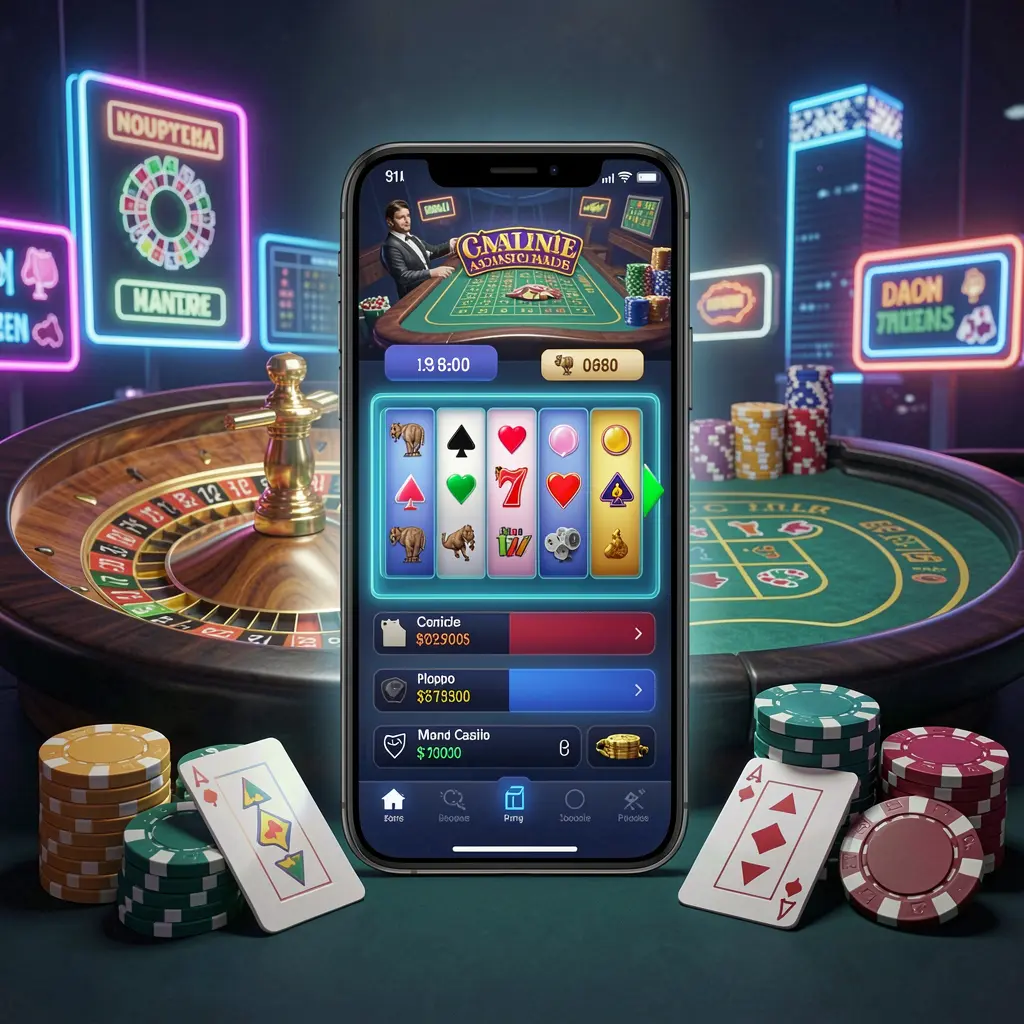 K7 BTD online casino platform concept with smartphone displaying glowing casino interface, surrounded by roulette wheel and poker chips on a premium neon background K7 BTD online casino platform concept with smartphone displaying glowing casino interface, surrounded by roulette wheel and poker chips on a premium neon background