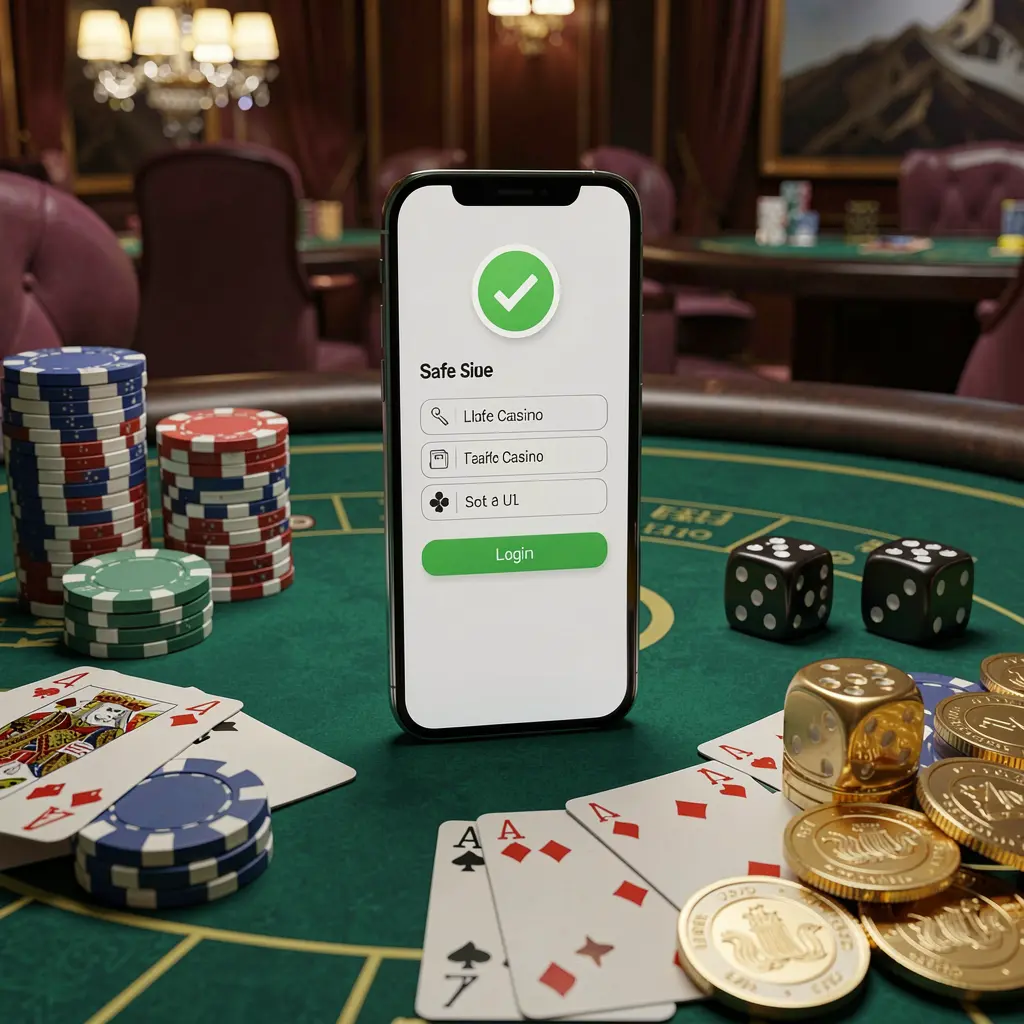 K7 BTD safe casino login concept showing a smartphone with verification checkmark icon surrounded by chips, cards, dice, and golden coins on an elegant luxury casino table in a 3D realistic render K7 BTD safe casino login concept showing a smartphone with verification checkmark icon surrounded by chips, cards, dice, and golden coins on an elegant luxury casino table in a 3D realistic render