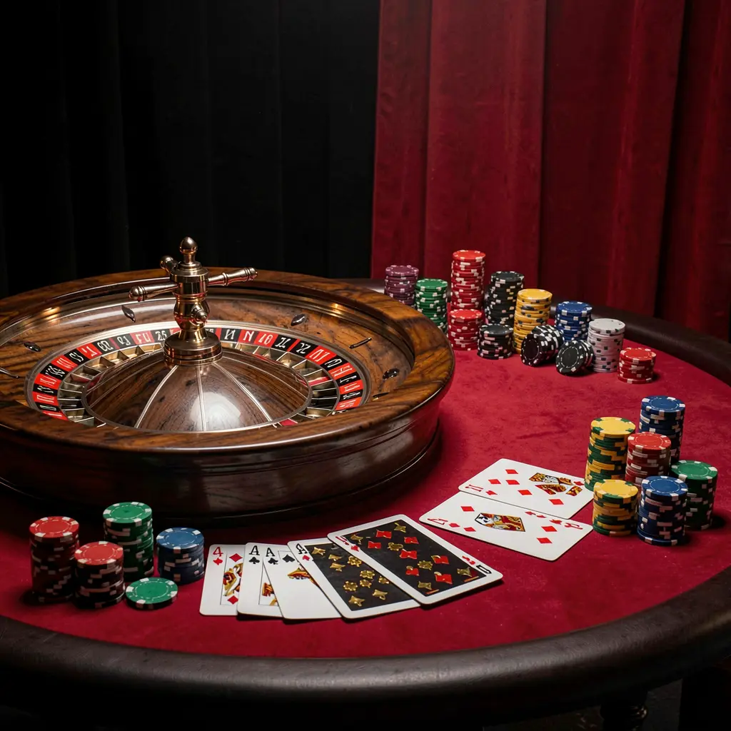 K7 BTD online casino platform hero image featuring an elegant gaming table with roulette wheel, blackjack cards, poker chips, and coins under luxury cinematic lighting against a black and red background K7 BTD online casino platform hero image featuring an elegant gaming table with roulette wheel, blackjack cards, poker chips, and coins under luxury cinematic lighting against a black and red background